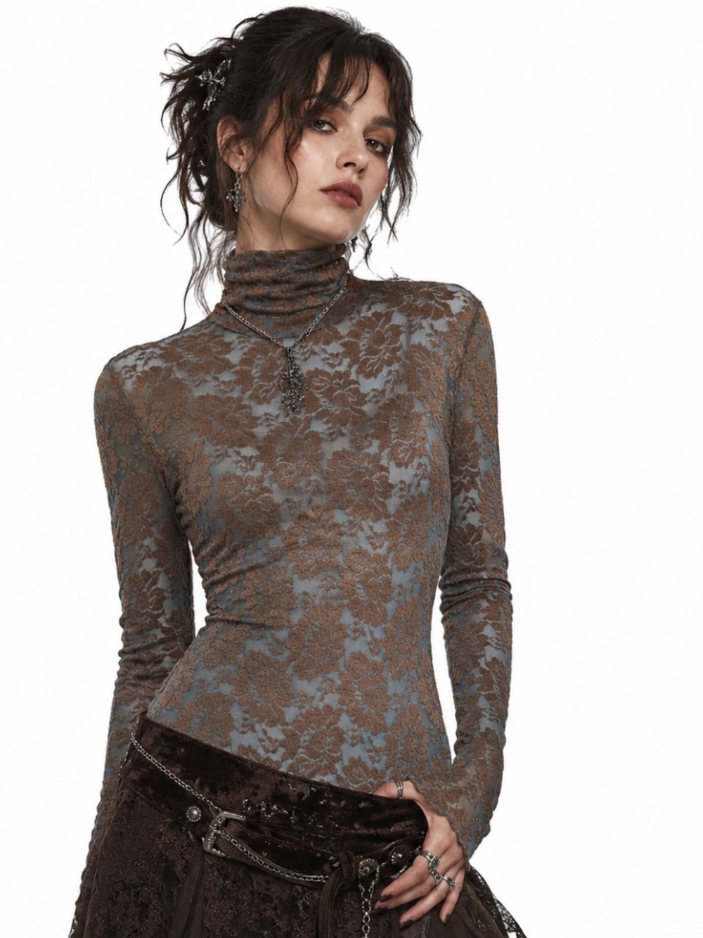 Apt 9 Y2K Grunge Blue and Bronze Floral Lace Turtleneck Long Sleeve Top -Size S